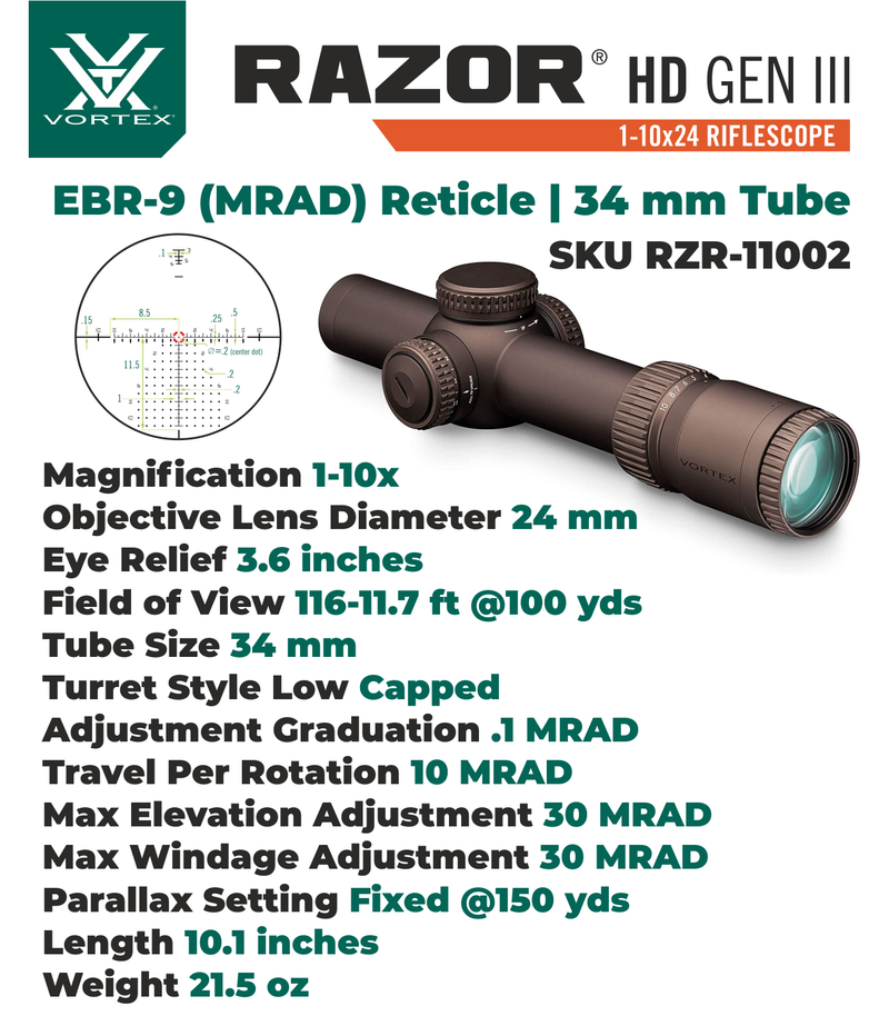 Vortex Optics Razor HD Gen III 1-10x24 FFP EBR-9 34mm Tube Riflescope with Mount and Hat Bundle Bundle