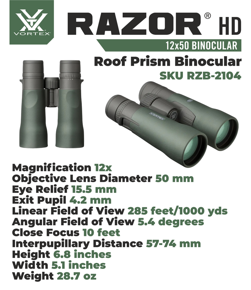 Vortex Optics Razor HD 12x50 Roof Prism Binocular RZB-2104 with Free Hat and Wearable4U Bundle
