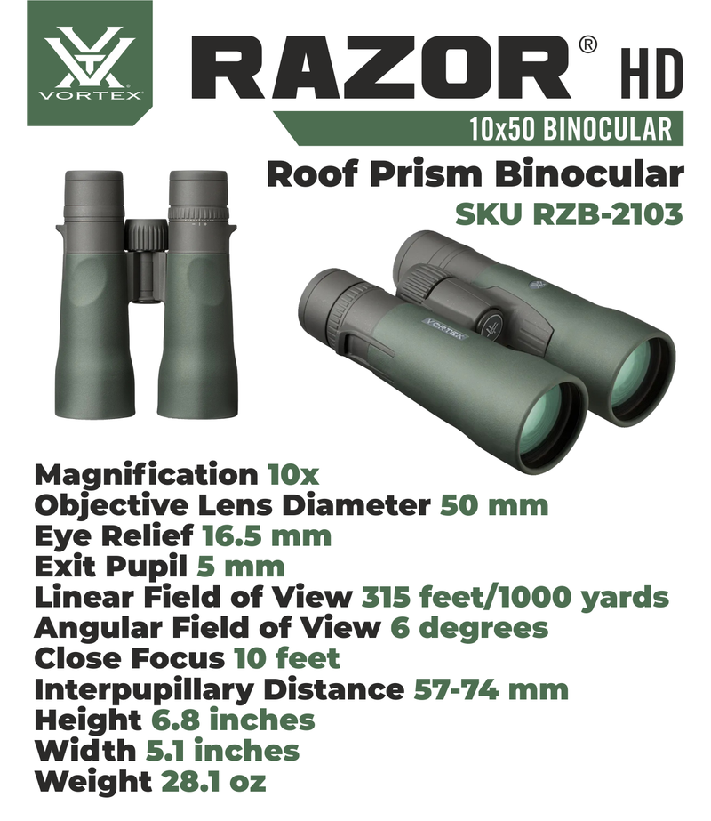 Vortex Optics Razor HD 10x50 Roof Prism Binocular RZB-2103 with Free Hat and Wearable4U Bundle