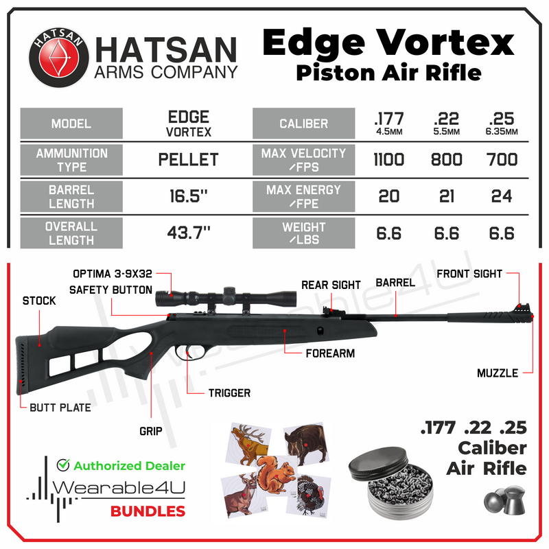 Hatsan Edge Vortex Combo .25 Caliber Air Rifle with Wearable4U 100x Paper Targets and 150x .25cal Lead Pellets Bundle