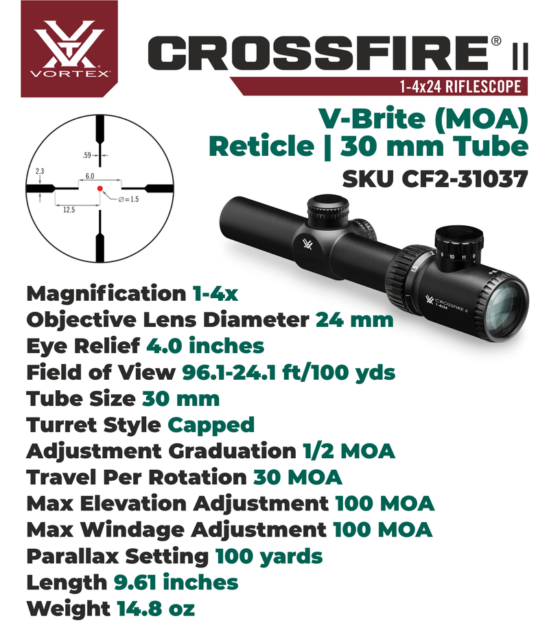 Vortex Optics Crossfire II 1-4x24 SFP Riflescope, V-Brite Illuminated Reticle (MOA), 30mm Tube with Wearable4U Bundle