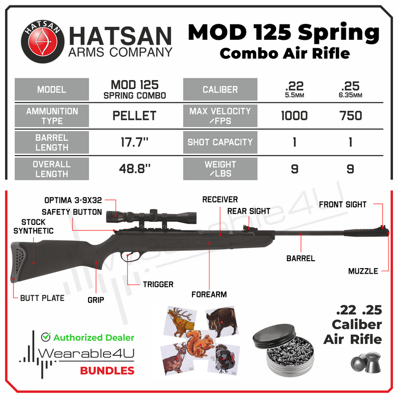 Hatsan Mod 125 Spring Combo .22 Cal Air Rifle with Wearable4U 100x Paper Targets and 250x .22cal Lead Pellets Bundle