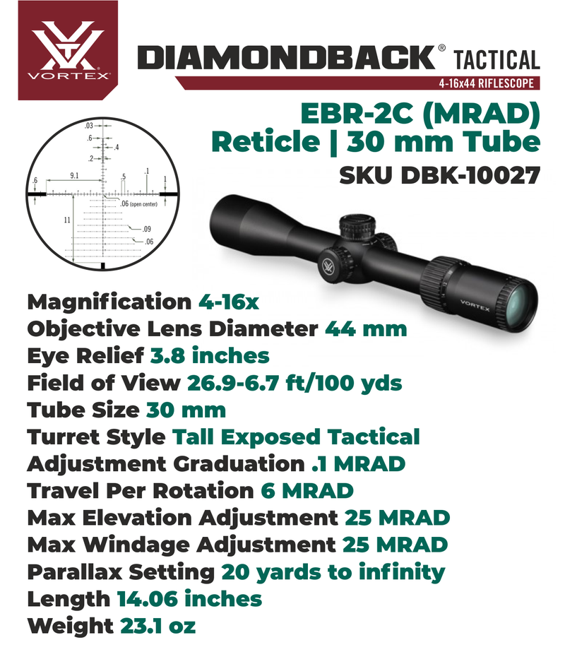 Vortex Optics Diamondback 4-16x44 FFP Riflescope EBR-2C (MRAD) Reticle, 30mm Tube with Wearable4U Bundle