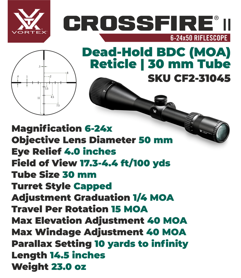 Vortex Optics Crossfire II 6-24x50 AO, SFP Riflescope - Dead-Hold BDC Reticle (MOA), 30mm Tube with Wearable4U Bundle