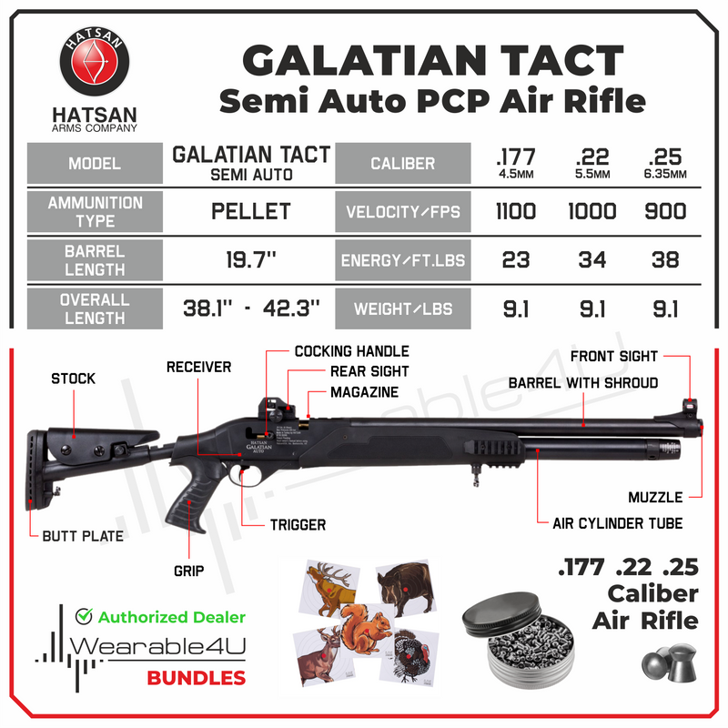 Hatsan Galatian Tact Semi Auto .22 Caliber PCP Air Rifle with Wearable4U .22 cal 250ct Pellets and 100x Paper Targets Bundle