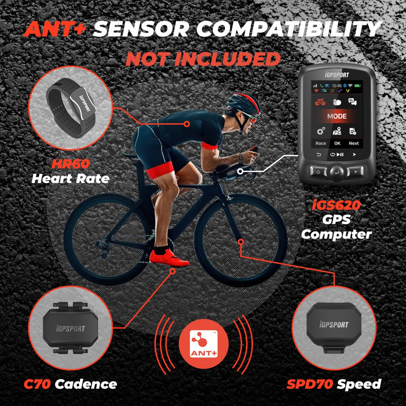 iGPSPORT iGS620 GPS Cycling Computer w/ ANT+ Bicycle Computer, SMS & Call Notification, (HRM +Cycling Sensors)