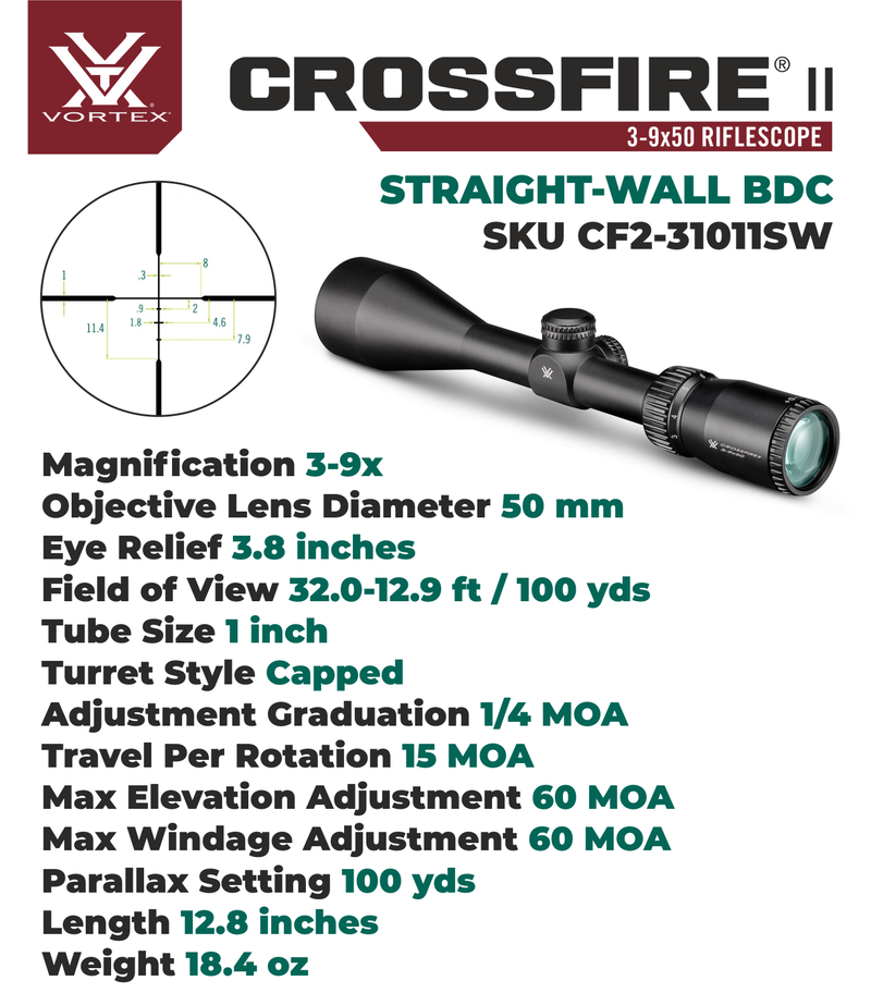Vortex Optics Crossfire II 3-9x50 Second Focal Plane Straight-Wall BDC MOA Riflescope with Wearable4U Bundle
