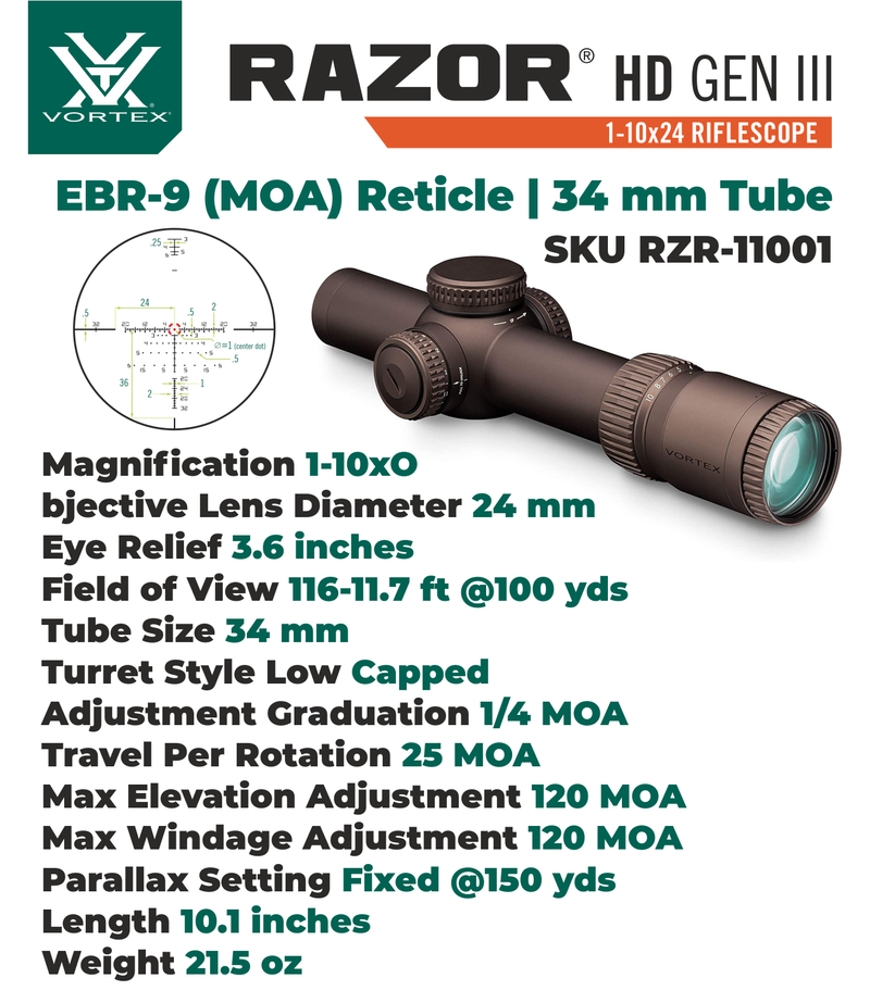 Vortex Optics Razor HD Gen III 1-10x24 FFP EBR-9 34mm Tube Riflescope with Mount and Hat Bundle Bundle