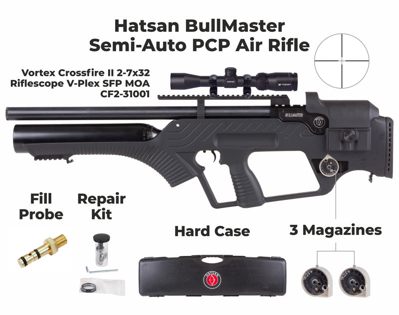 Hatsan BullMaster Semi-Auto PCP Air Rifle w/2-7x32 Scope and Rings with Included Bundle