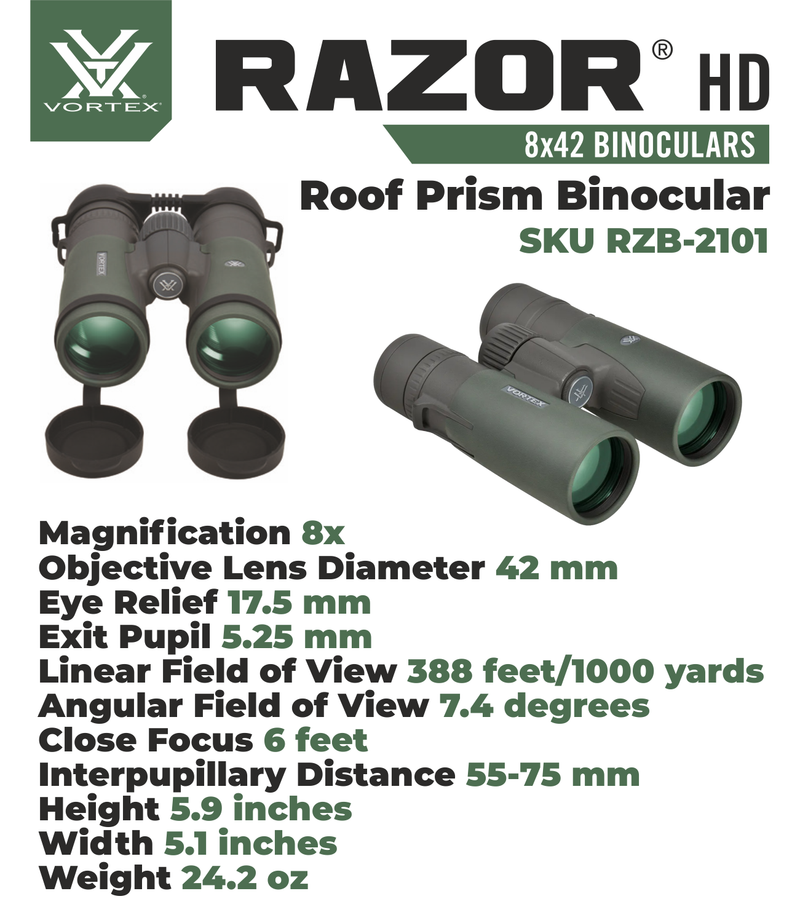 Vortex Optics Razor HD 8x42 Roof Prism Binocular RZB-2101 with Free Hat and Wearable4U Bundle