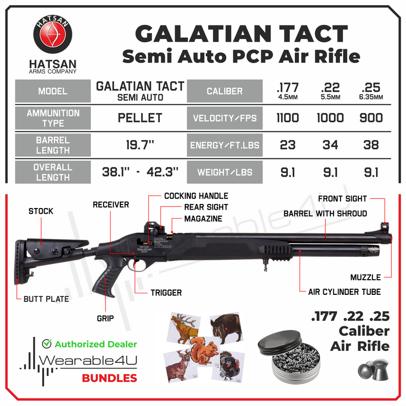 Hatsan Galatian Tact Semi Auto .177 Cal PCP Air Rifle with Wearable4U .177 cal 500ct Pellets and 100x Paper Targets Bundle w4u
