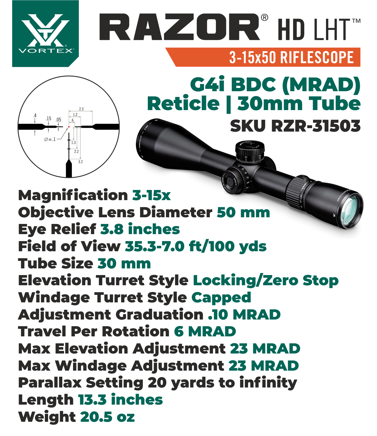 Vortex Optics Razor HD LHT 3-15x50 SFP G4i BDC (MRAD) Reticle 30mm