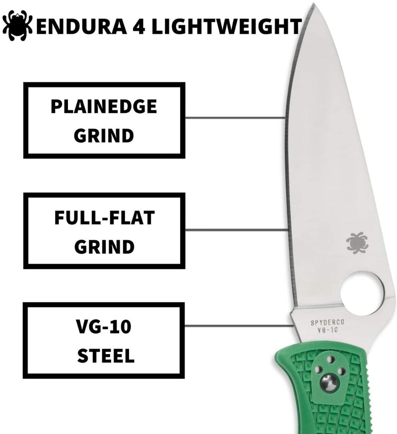 Spyderco Endura 4 Lightweight 3.80" Green Flat Ground Folding Plain Edge Pocket Knife (C10FPGR)