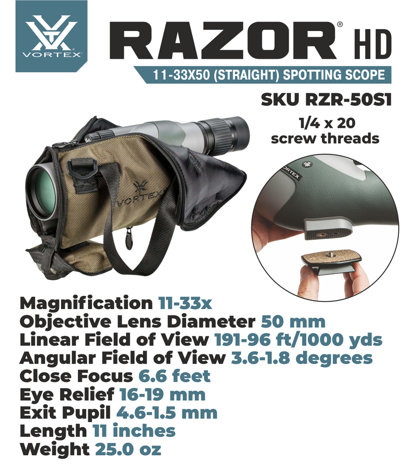 Vortex Optics RZR-50S1 Razor HD 11-33x50 Straight Spotting Scope with Free Hat and Wearable4U Bundle