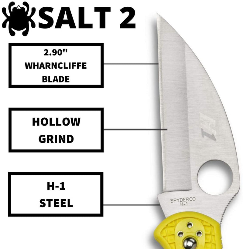 Spyderco Salt 2 Wharncliffe PlainEdge H1 Yellow FRN Back Lock Folding Knife