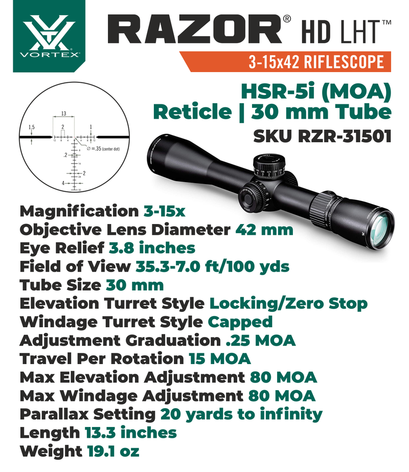 Vortex Optics Razor HD LHT 3-15x42 SFP HSR-5i (MOA) Reticle 30 mm Tube Riflescope with Mount and Hat Bundle