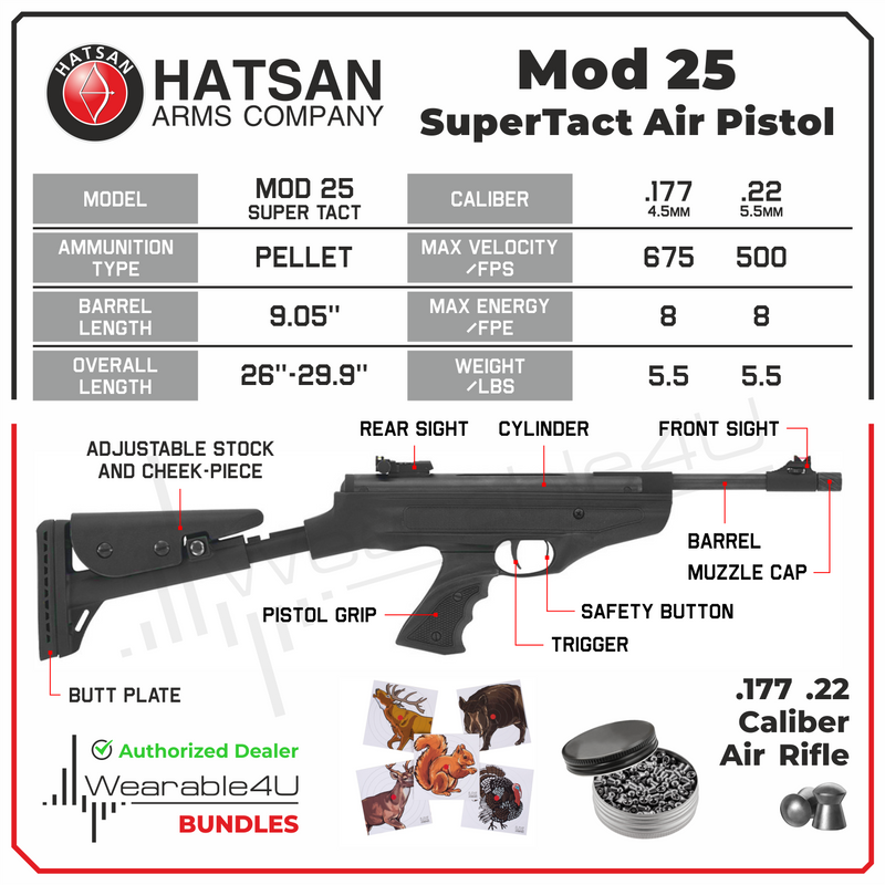 Hatsan Mod 25 Spring Piston SuperTact .177 Cal Single-Shot Break Barrel AirPistol with Wearable4U  .177 cal 500ct Pellets and 100x Paper Targets Bundle