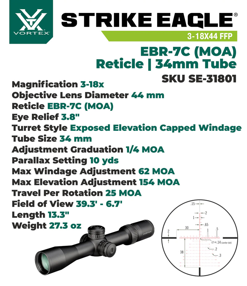 Vortex Optics Strike Eagle 3-18x44 FFP EBR-7C MOA 34mm Tube Riflescope (SE-31801)