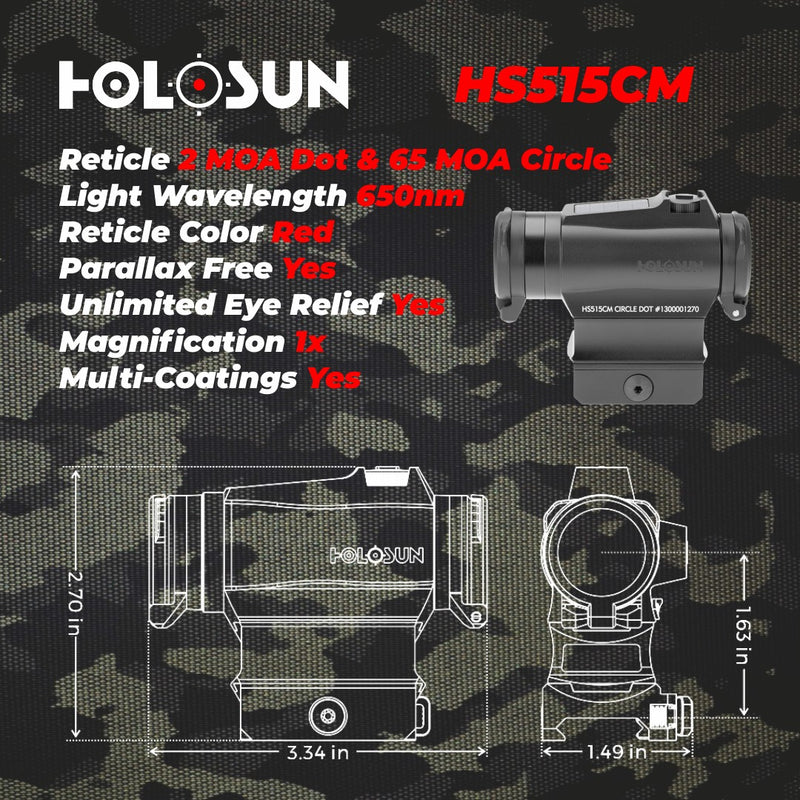Holosun HS515CM Military Grade Micro Red Circle Dot Sight/Solar Panel/QD Mount Optics Lens Cleaning Pen, Extra Battery and Lens Cleaning Cloth Bundle