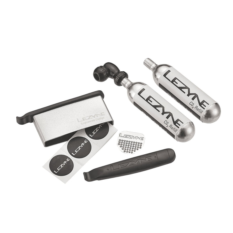 Lezyne Twin Kit Bicycle C02 & Tire Repair Kit. Includes Twin Speed CO2 Inflator, 2 Threaded CO2 Cartridges 25g, and Lever Kit