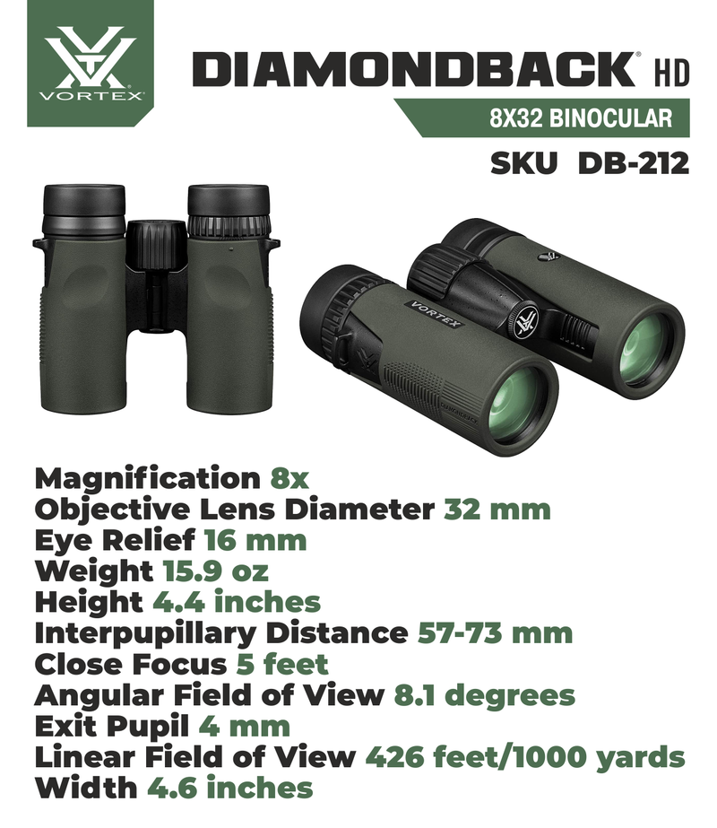 Vortex Optics DB-212 Diamondback HD 8x32 Binocular with Free Hat Bundle