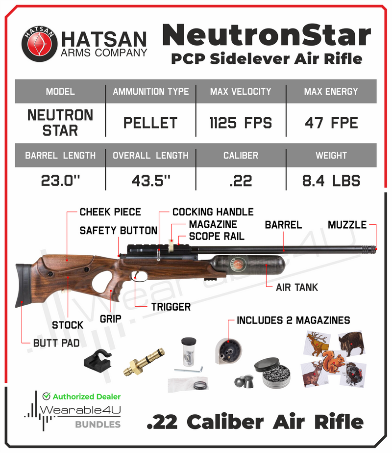 Hatsan NeutronStar PCP .22 Cal Air Rifle with Pack of 250ct Pellets and 100x Paper Targets Bundle