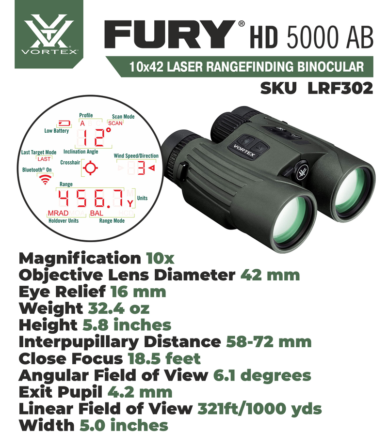Vortex Optics LRF302 Fury HD 5000 AB 10x42 Applied Ballistics Laser Rangefinding Binocular with Free Hat Bundle