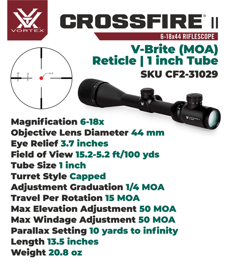 Vortex Optics Crossfire II 6-18X44 AO Riflescope V-Brite (MOA) Reticle, 1 inch Tube with Hat