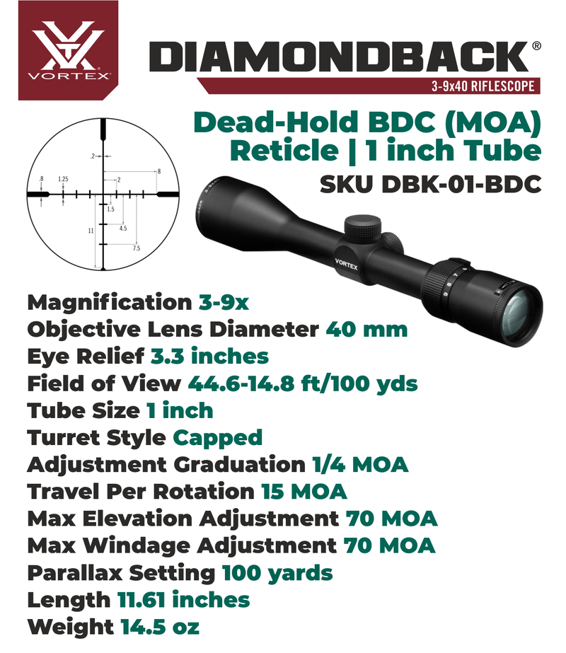 Vortex Optics Diamondback 3-9x40 Dead-Hold BDC (MOA) Reticle, 1 inch Tube Riflescope with Hat and  Rings Bundle