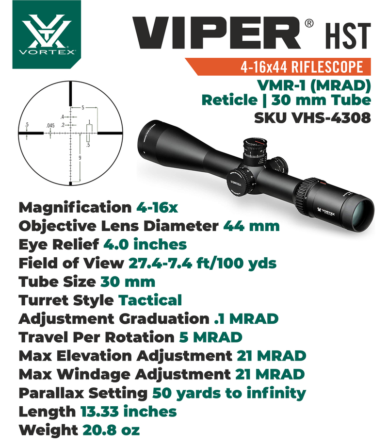 Vortex Optics Viper HST 4-16x44 SFP Riflescope VMR-1 (MRAD) Reticle, 30 mm Tube with Free Hat (Camo Digital) Bundle