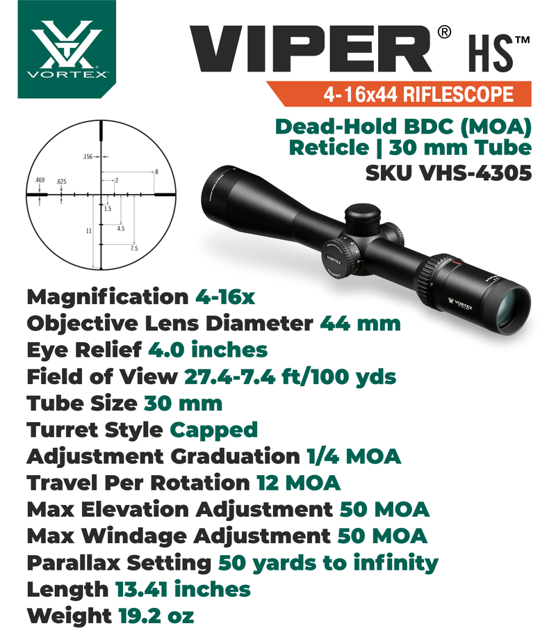 Vortex Optics Viper HS 4-16x44 Dead-Hold BDC (MOA) Reticle 30 mm Tube SFP Riflescope