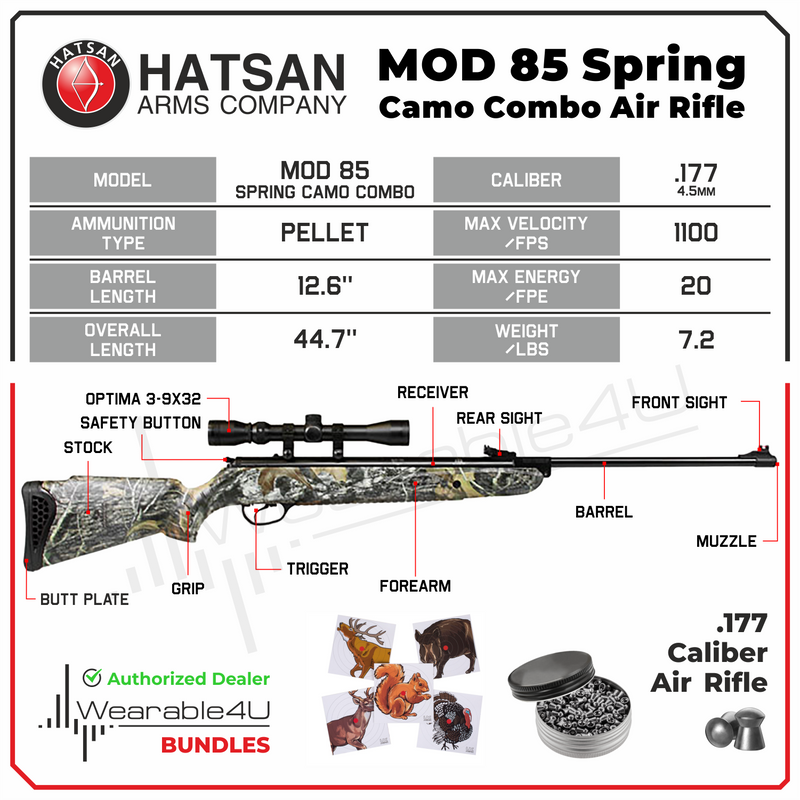 Hatsan Mod 85 Spring Camo Combo .177 Cal Air Rifle with Wearable4U 100x Paper Targets and 500x .177cal Lead Pellets Bundle