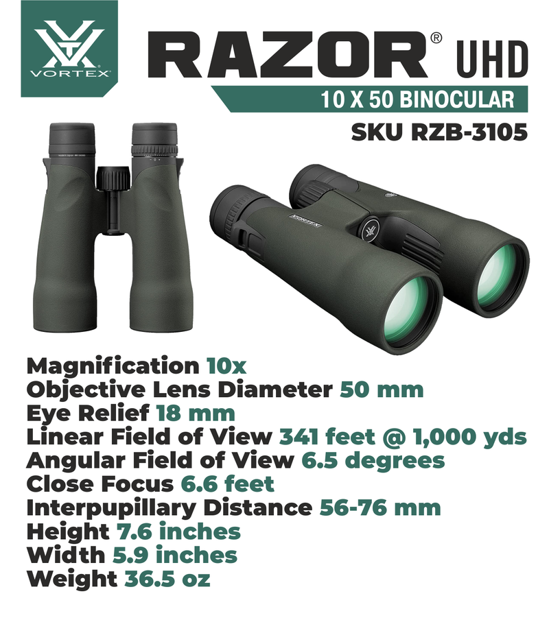 Vortex Optics Razor UHD 10x50 Binoculars with Free Hat and Wearable4U Bundle