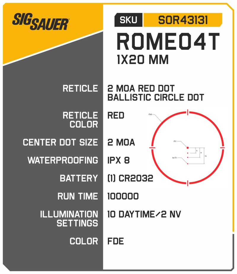 Sig Sauer ROMEO4T Solar Powered 2 MOA Red Dot Ballistic Circle Dot Sight, FDE