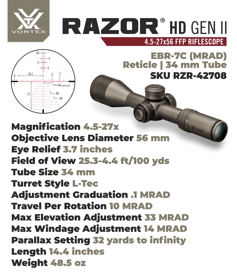 Vortex Optics Razor HD Gen II 4.5-27x56 FFP Riflescope EBR-7C (MRAD), 34mm Tube with Vortex Optics Free Hat, Black Camo Bundle