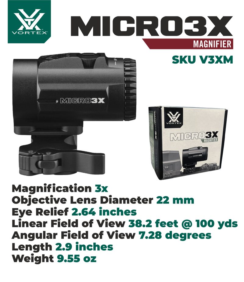 Vortex Optics Micro3X Red Dot Sight Magnifier with Quick-Release Mount with Free Hat and Wearable4U Bundle