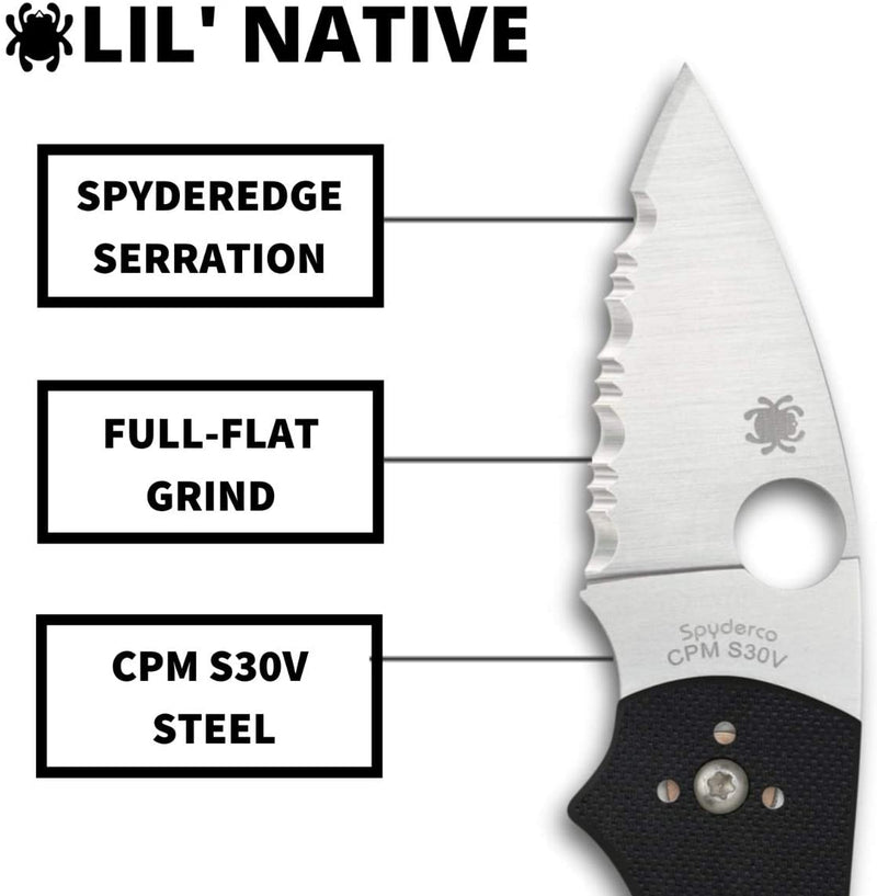 Spyderco Lil Native G-10 Black Mid Back Lock Serrated Edge S30V Folding Knife