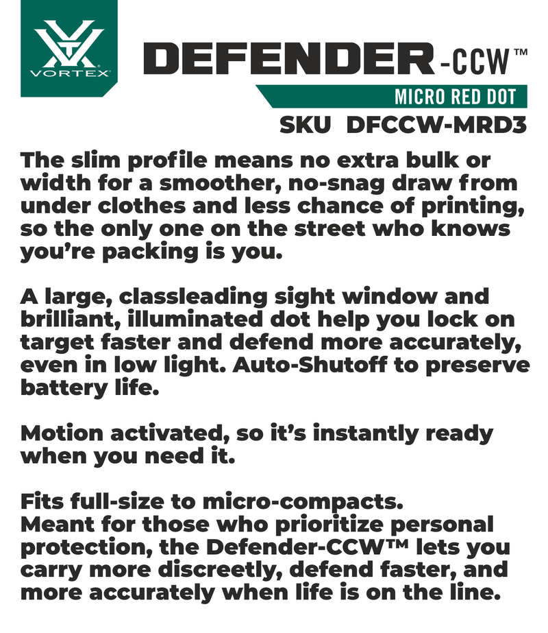 Vortex Optics Defender-CCW 3 MOA Red Dot (DFCCW-MRD3) with Free Hat Bundle