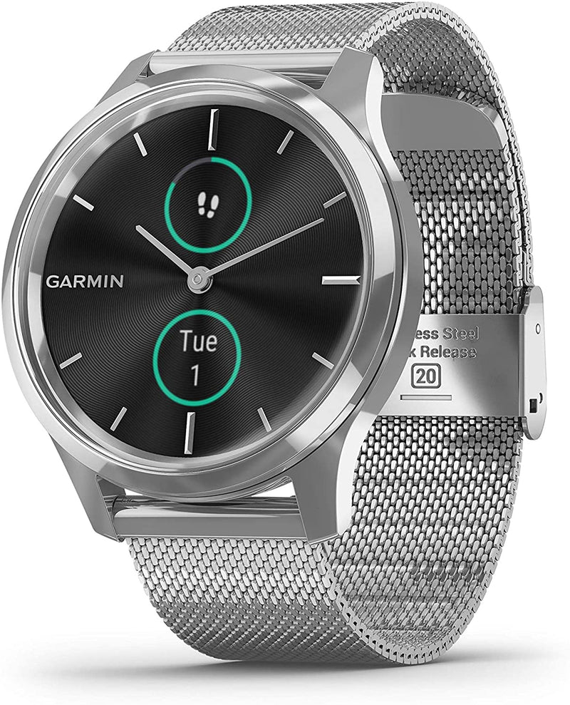 Garmin Vivomove 3 Luxe, Hybrid Smartwatch with Included Wearable4U Ultimate Black Earbuds with Charging PowerBank Case Bundle (Silver/Black, Milanese)