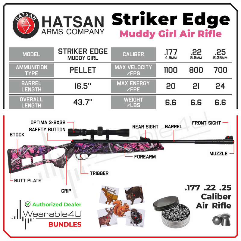 Hatsan Striker Edge Spring Muddy Girl Combo .22 Cal Air Rifle with Wearable4U 100x Paper Targets and 250x .22cal Lead Pellets Bundle