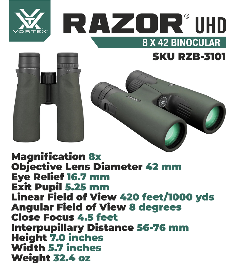 Vortex Optics Razor UHD 8x42 Binocular RZB-3101 with Free Hat and Wearable4U Bundle