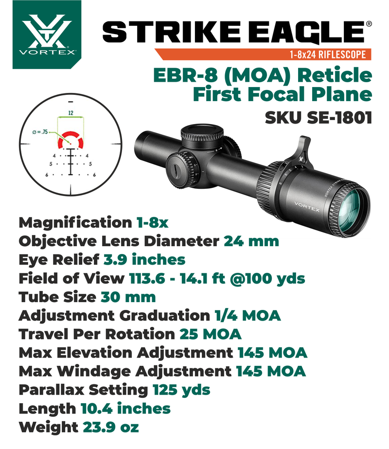 Vortex Optics Strike Eagle 1-8x24 EBR-8 MOA 30mm Riflescope with Vortex Optics 30 mm Precision Matched Medium Rings (0.97in) (Picatinny or  Weaver) or with Precision Extended Cantilever Mount 30 mm and with Vortex Optics Free Hat Bundle