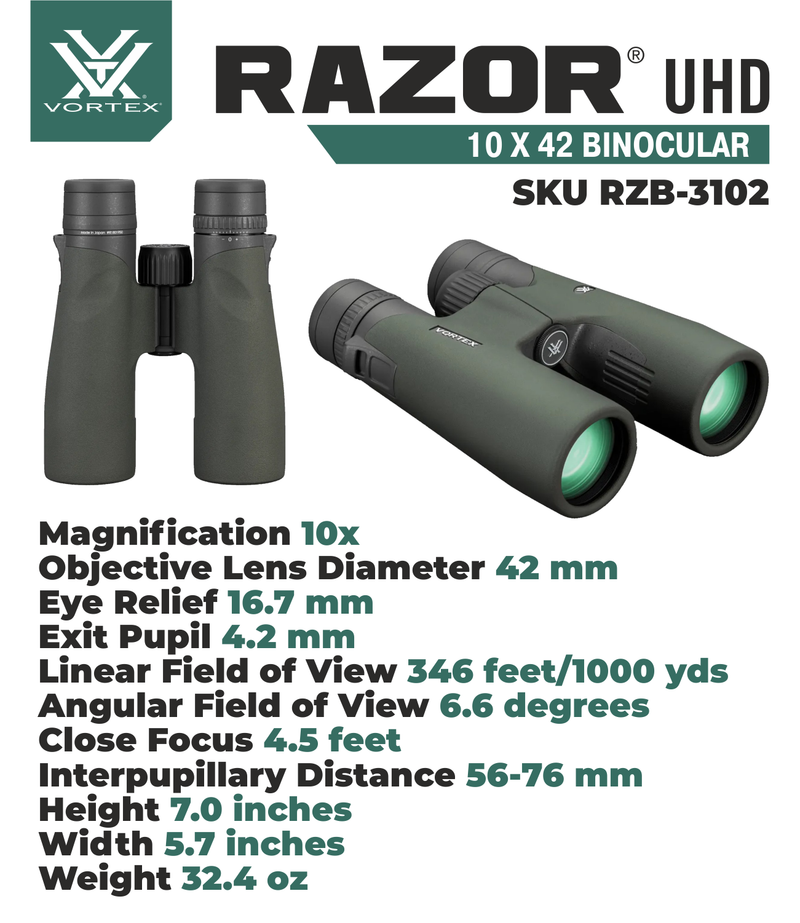 Vortex Optics Razor UHD 10x42 Binocular RZB-3102 with Free Hat and Wearable4U Bundle