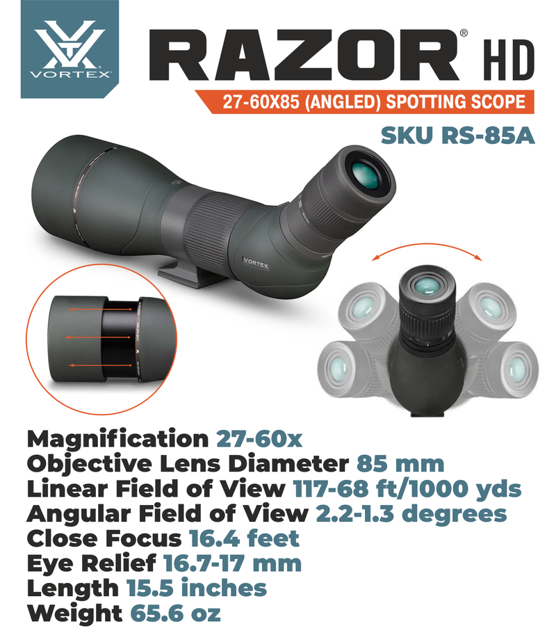 Vortex Optics Razor HD 27-60X85 (Angled) Spotting Scope RS-85A with Free Hat and Wearable4U Bundle