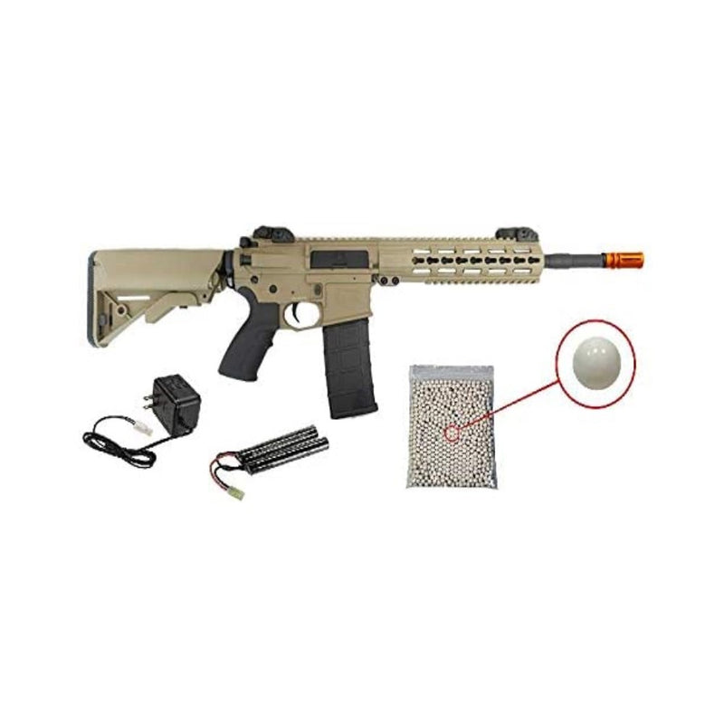 Tippmann Commando M4 Airsoft Carbin AEG Rifle with Keymod Handguard with included 9.6V NimH 1600 mAh Battery and Charger and Wearable4U Pack of 1000 6mm 0.20g BBS Bundle (Desert)