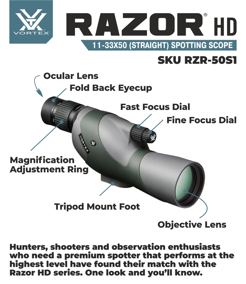 Vortex Optics RZR-50S1 Razor HD 11-33x50 Straight Spotting Scope with Free Hat and Wearable4U Bundle