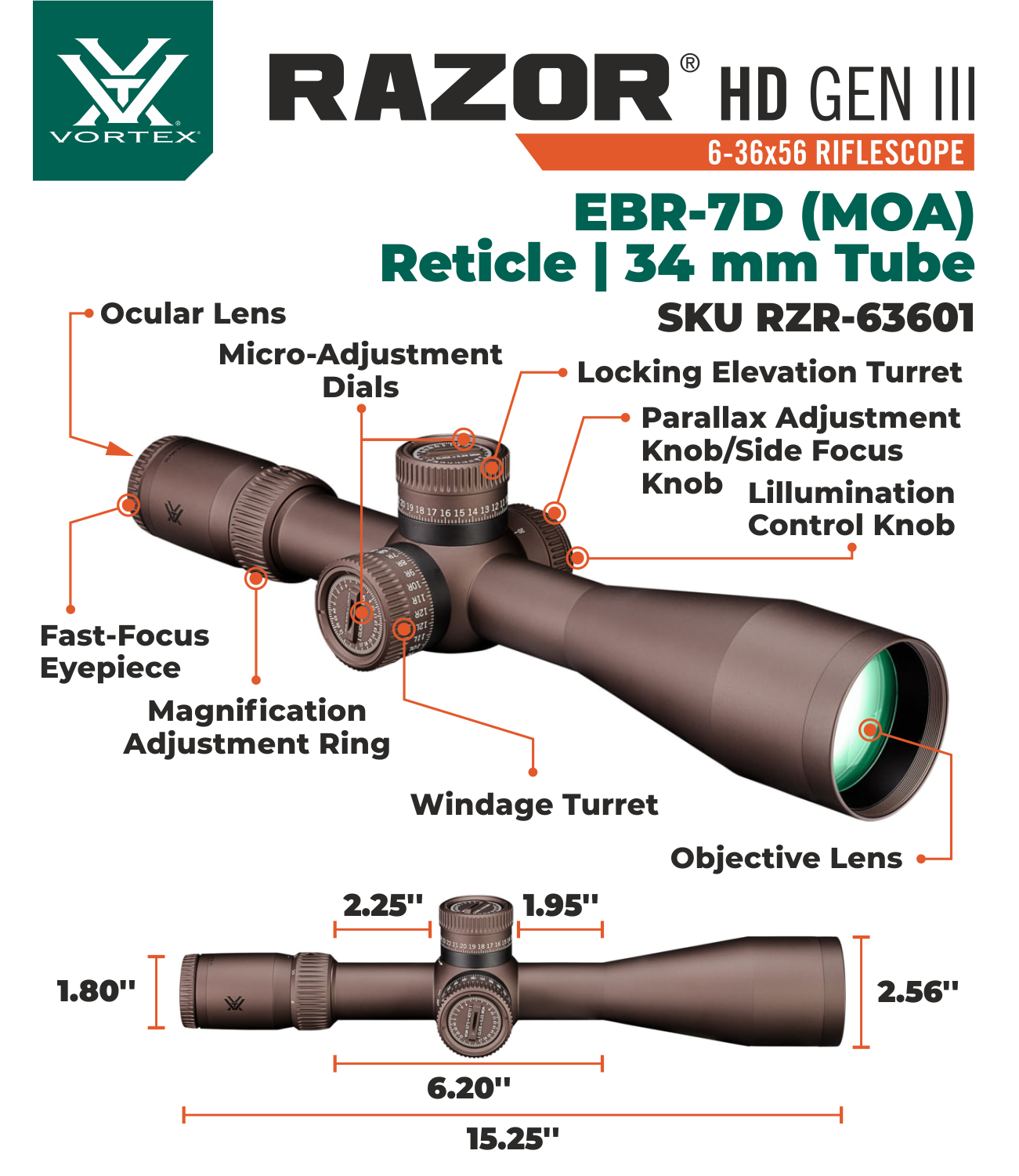 Vortex Razor Reticles Vortex Optics Razor HD Gen III 6-36x56 FFP EBR-7D (MOA) Reticle 34 mm ...