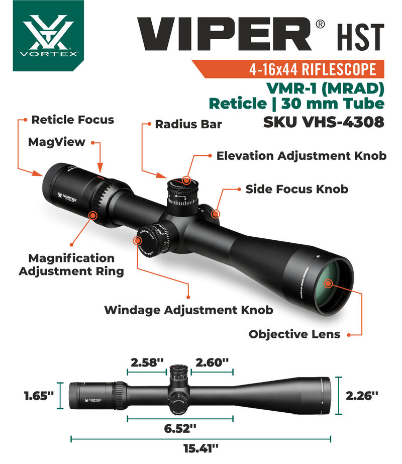 Vortex Optics Viper HST 4-16x44 SFP Riflescope VMR-1 (MRAD) Reticle, 30 mm Tube with Wearable4U Bundle