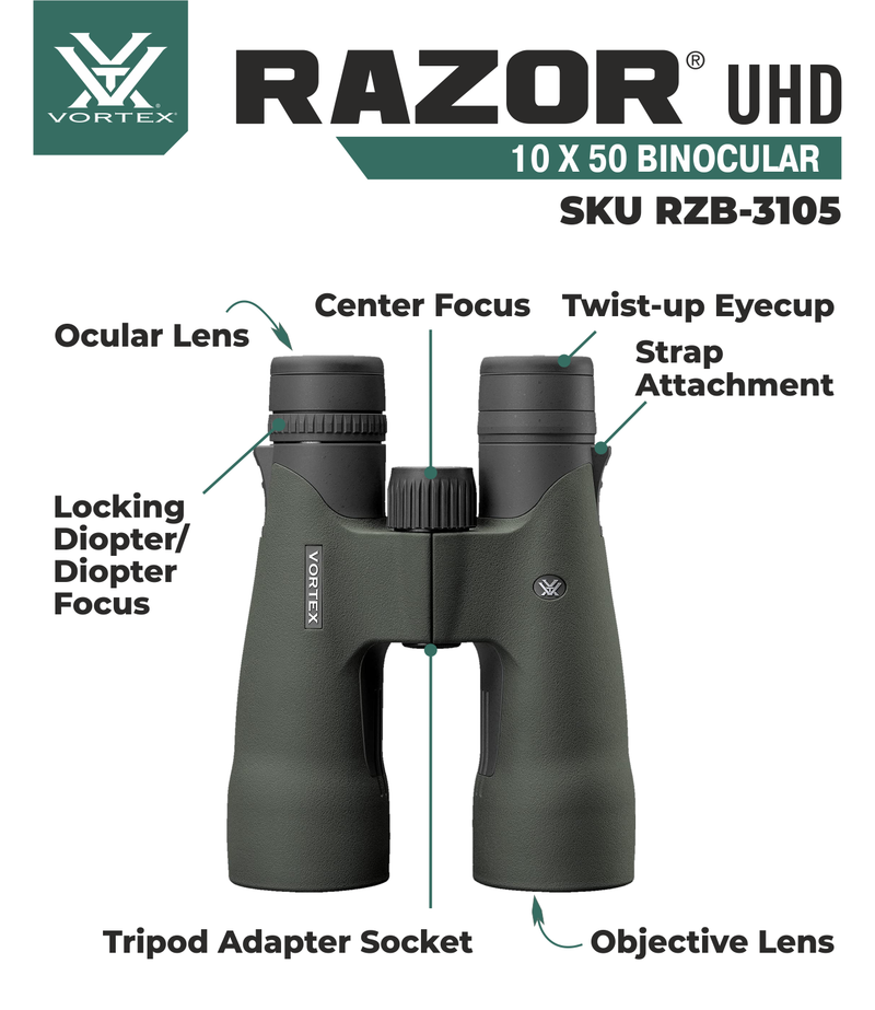 Vortex Optics Razor UHD 10x50 Binoculars with Free Hat and Wearable4U Bundle