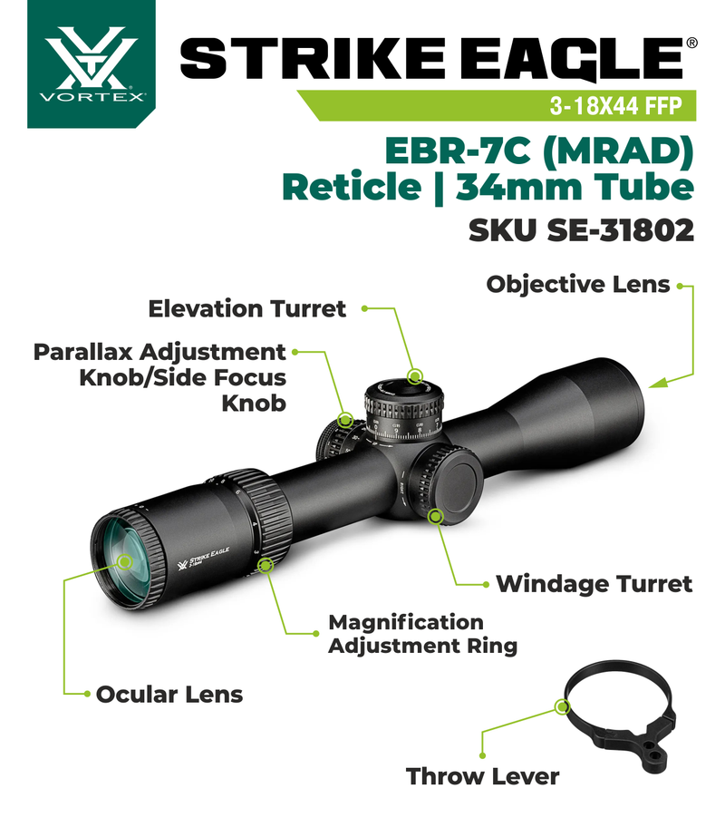 Vortex Optics Strike Eagle 3-18x44 FFP EBR-7C (MRAD) 34mm Tube Riflescope (SE-31802) with Included Bundle